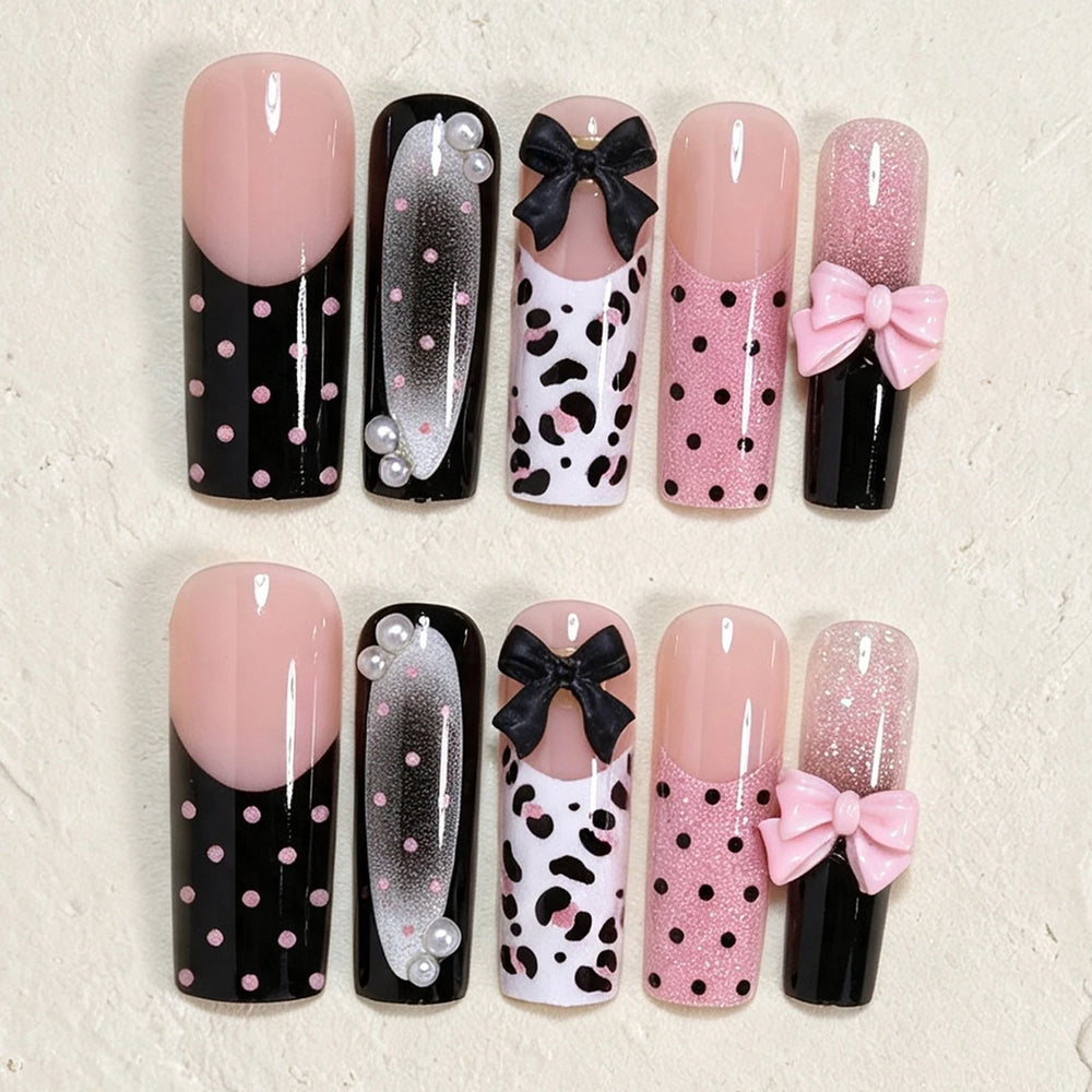Black Polka Dot Bow & Pearl Press-On Nails – Long Coffin, 24 Pcs