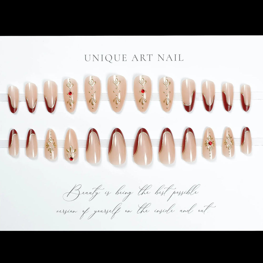3D Dark Red Nude French Almond Press-On Nails with Embossed Flowers & Rhinestones