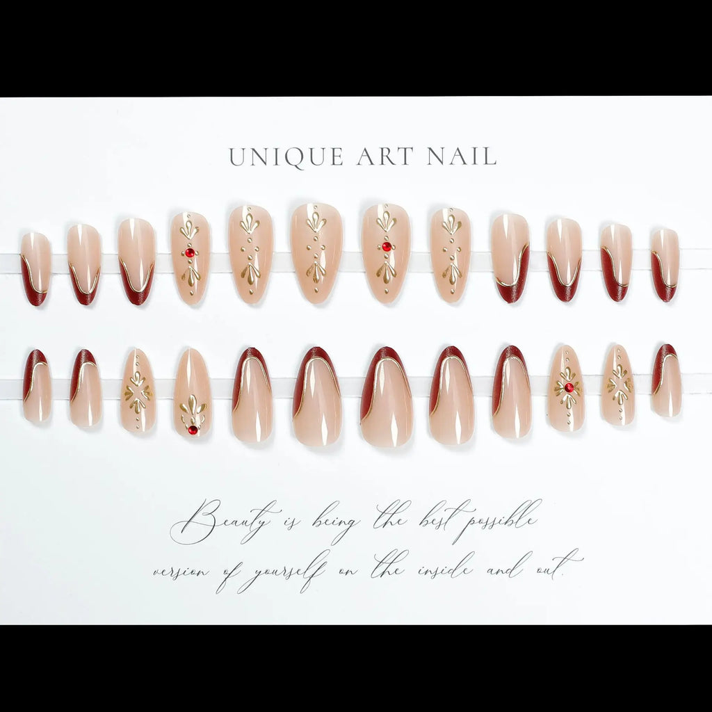 3D fake nails for women girls french style dark red nude almond shape embossed flowers with rhinestones press on false nail art