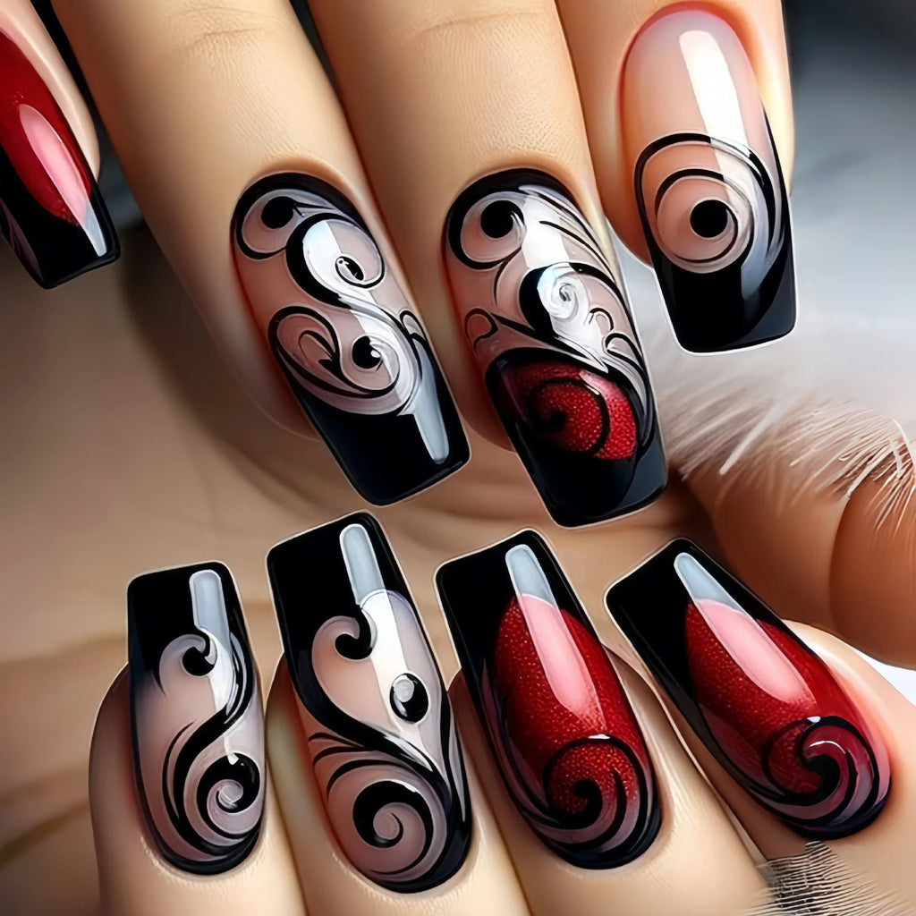 Short Medium fake nails for women gilrs black red flowers strips design full cover square ballet tips press on false nail art