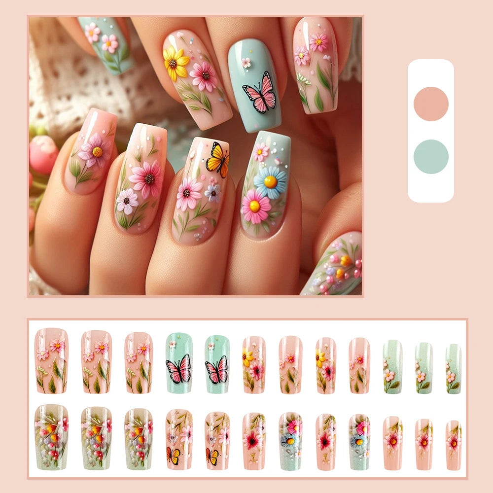 Medium fake nails for women Pink green yellow colors flowers butterfly printing square nail tips full cover press on false nail