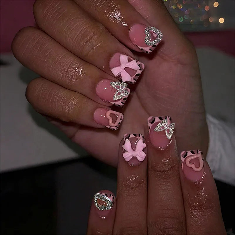 Leopard & Butterfly Bow French Press-On Nails – Square, 24 Pcs