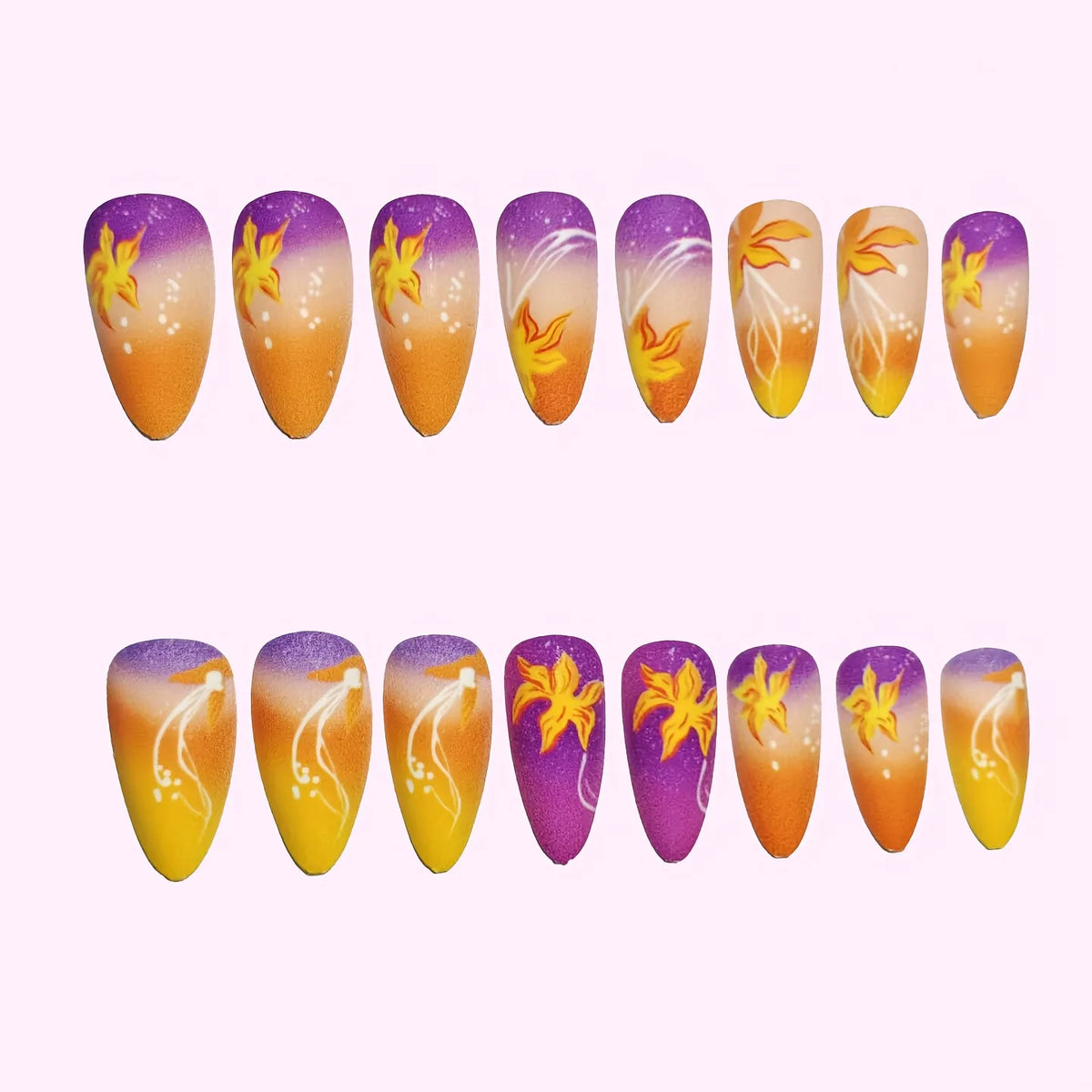 Medium long fake nails Y2K gradient orange purple yellow flowers heart design for spring summer full cover press on false nail