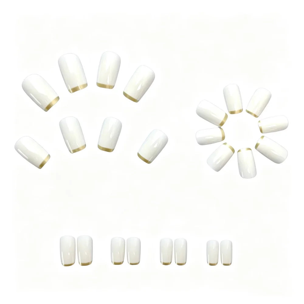 Medium fake nails for women Beige creamy white square nail tips with golden edge strips french style press on false nail art