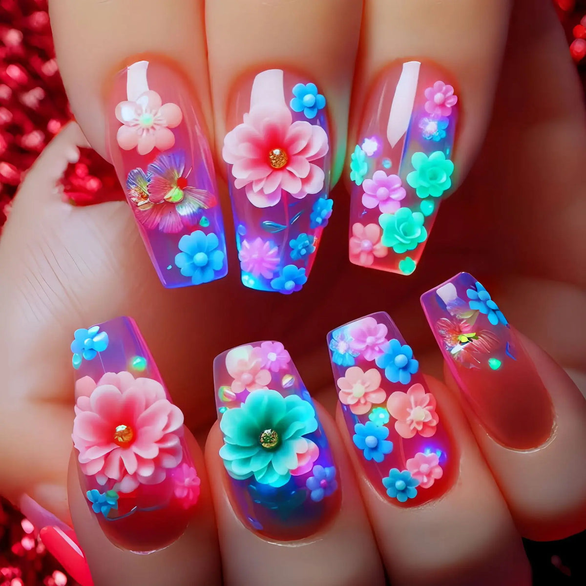 Short Medium long fake nails for women Gradient purple Pink red flowers butterfly Y2K Square summer tips press on false nails