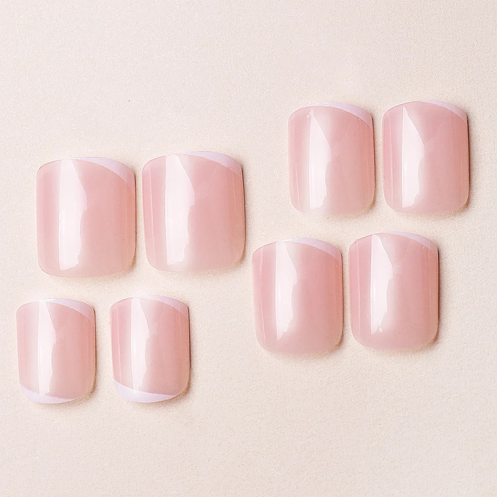 Medium fake nails for women girls Nude square nail tips with white strips printing full cover reusable press on false nail art
