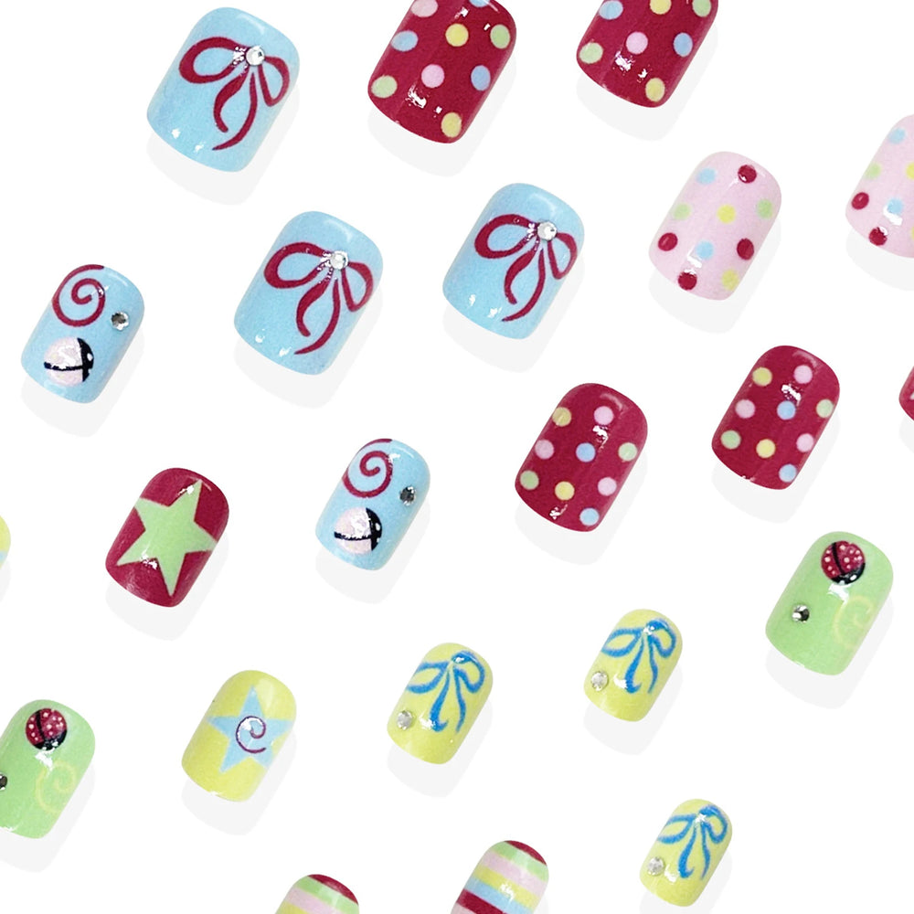 Colorful Polka Dot & Star Y2K Press-On Nails – Short Round, 24 Pcs