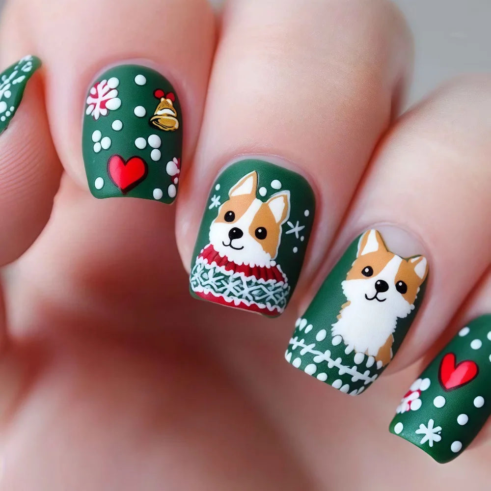 Medium long fake nails for Chirstmas party Square almond tips christmas tree snowflake gift snowman press on false nail art set