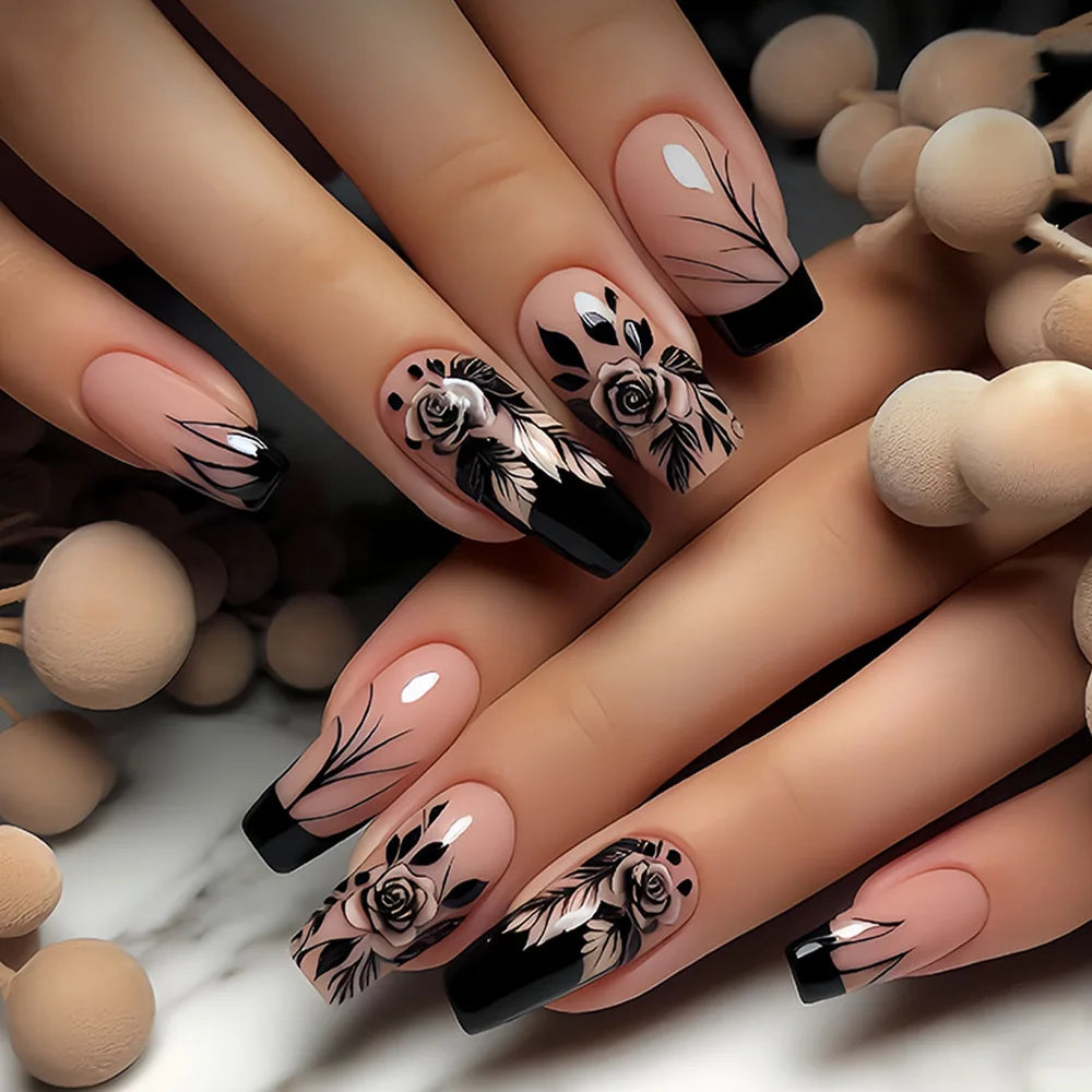 Short Medium Fake Nails Purple Blue Red Brown Black Flowers Butterfly Fall Winter Square Ballet Nail Tips Press On False Nail