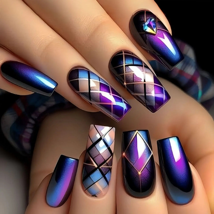 Y2K Geometric Color Block Press-On Nails – Purple Blue Black Beige, Medium Long