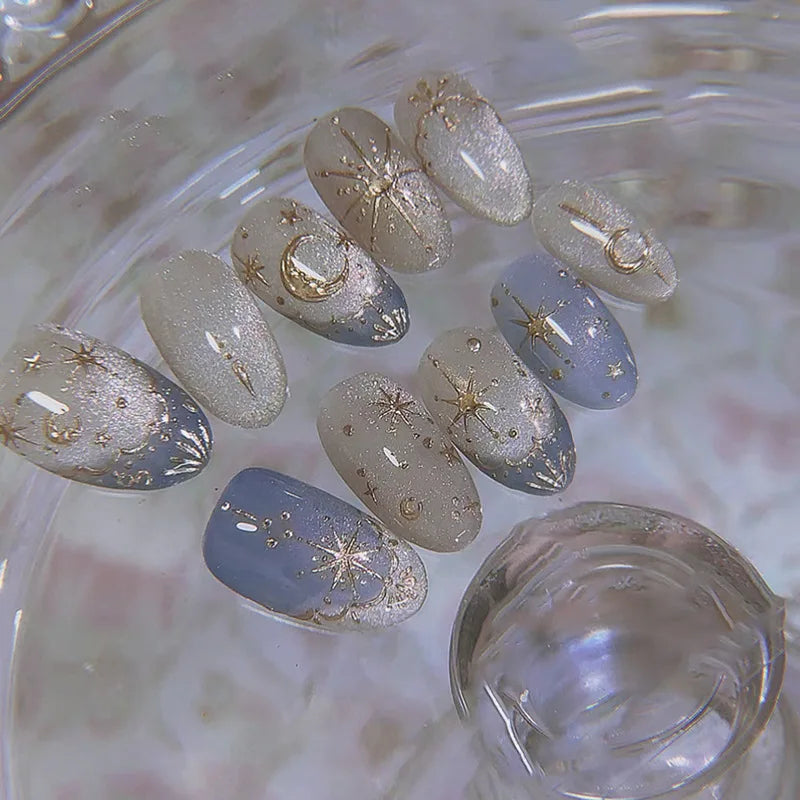 24pcs/set cat eyes fake nails for women Oval nail tips with moon star printing french style full cover press on false nails art