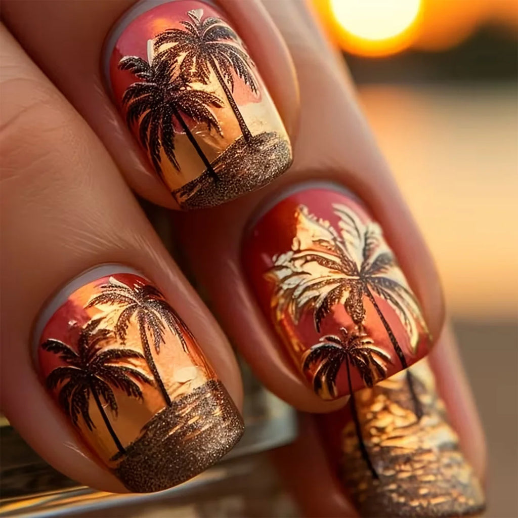 24pcs/set fake nails Y2K gradient yellow red brown colors coconut tree sunset print square shape reusable press on nails art