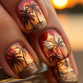24pcs/set fake nails Y2K gradient yellow red brown colors coconut tree sunset print square shape reusable press on nails art