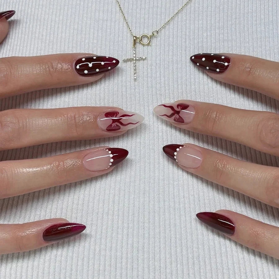 Pink Red Blue Gradient Flower Heart Press-On Nails – Almond Ballet, Medium Long, 24 Pcs