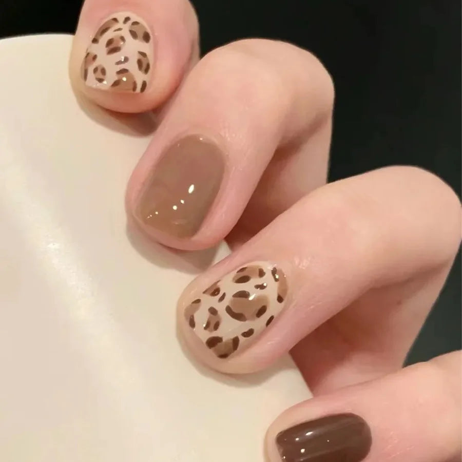 Short Medium fake nails for women girls nude brown black square nail tips with leopard print full cover press on false nail art