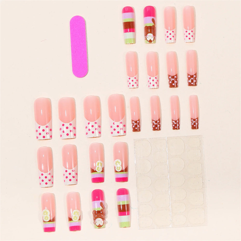 Cartoon Monkey & Banana Macaron Stripe Press-On Nails – Square, 24 Pcs