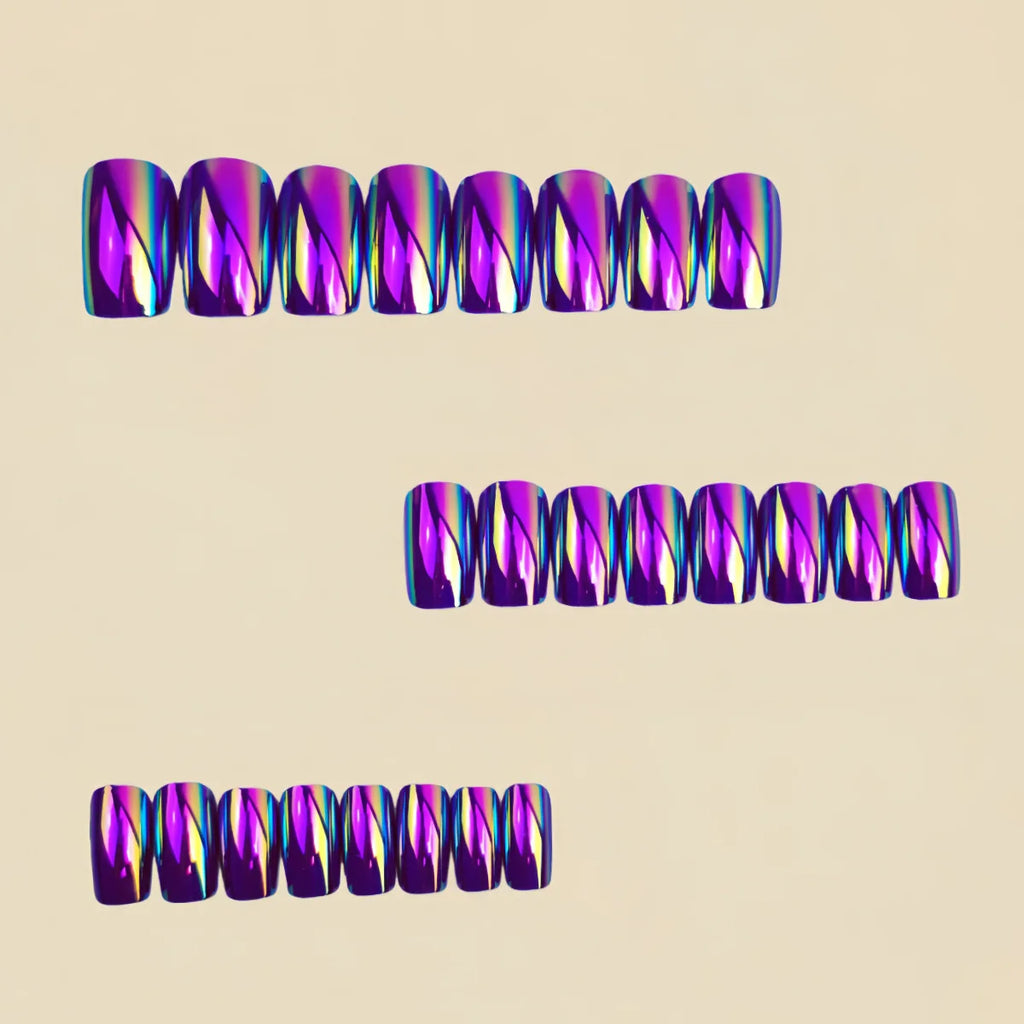 Short Medium fake nails for women girls Purple blue pink electric plated glossy square nail tips press on false nail enhancement