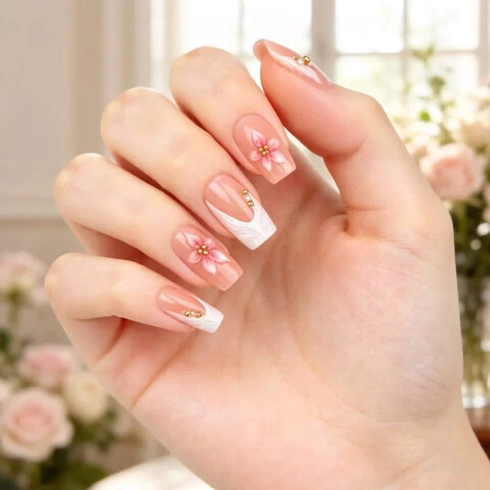 Medium Square fake nails for women 3D embossed flowers with rhinestones french style leopard print press on false nail art