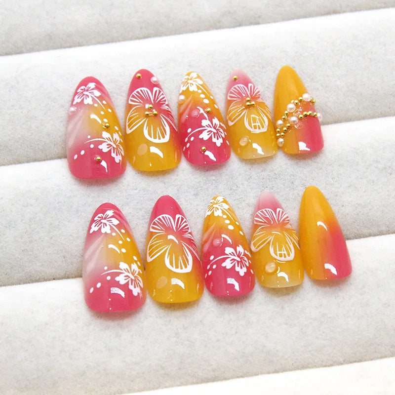 Gold Pink 3D Flower & Pearl Press-On Nails – Almond, 24 Pcs