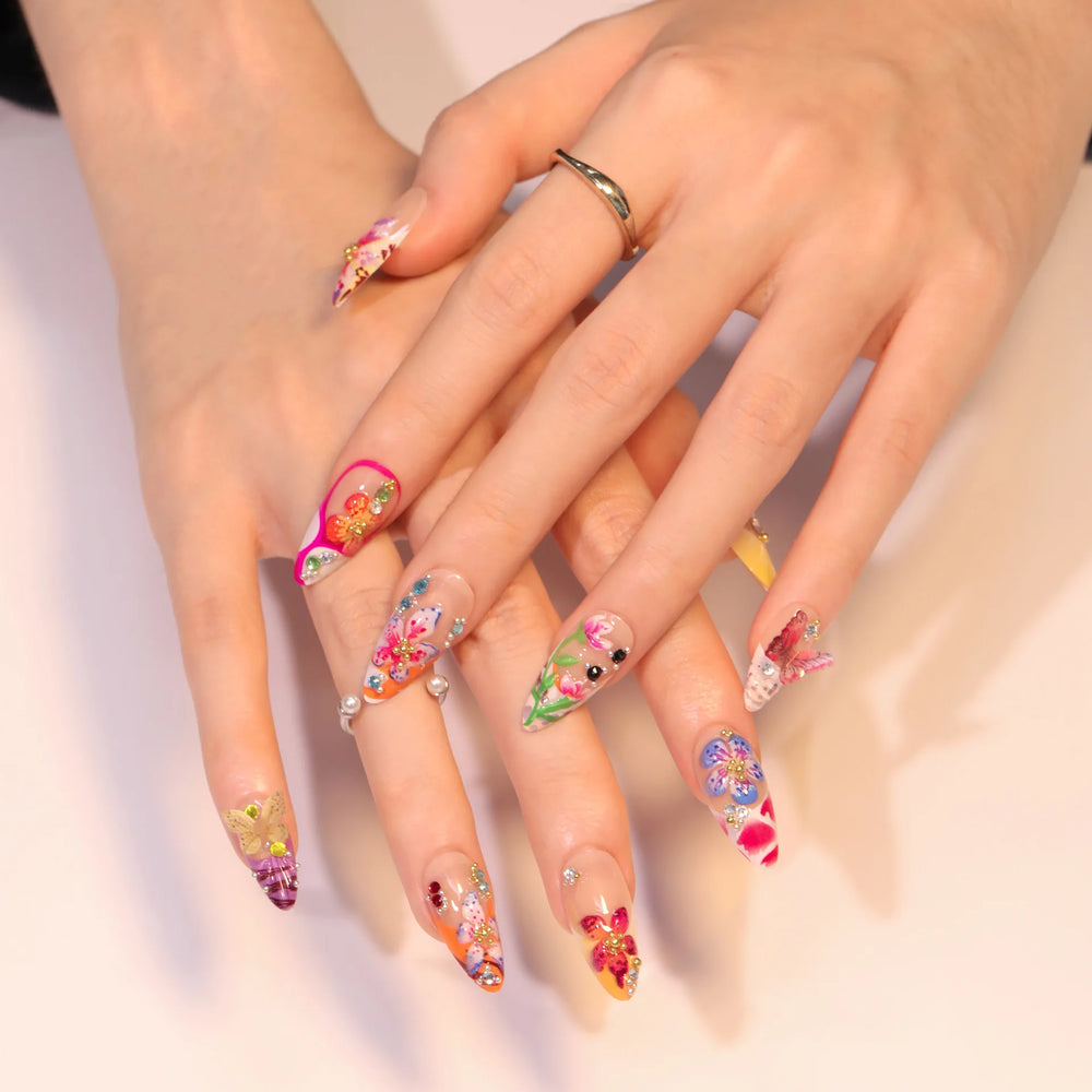 Tropical Hibiscus & Butterfly French Press-On Nails – Almond, 24 Pcs
