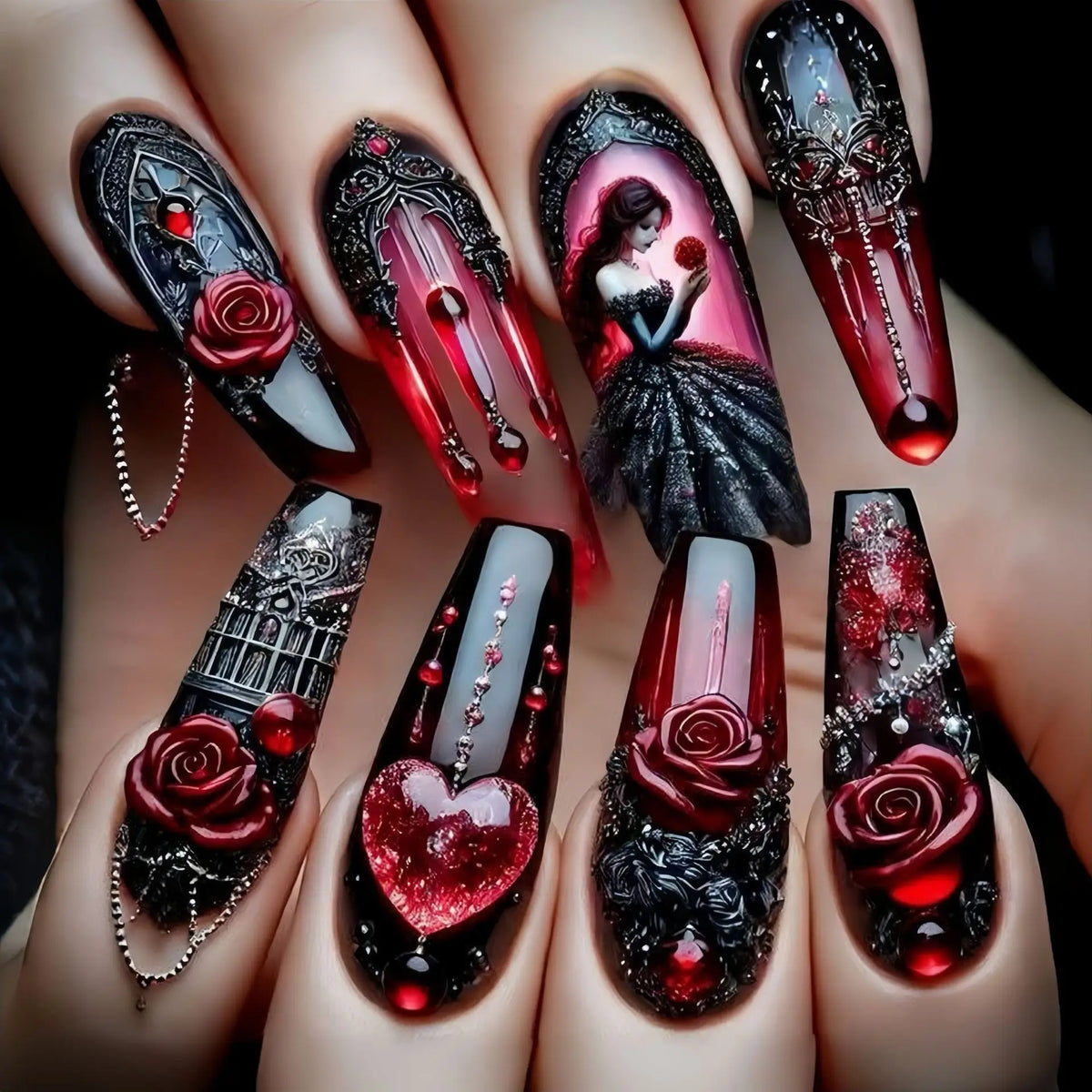 24pcs/set Fake Nails for Valentine's Day Gradient Red Black Cute Heart Rose Flowers Design French Tips Press On False Nail Art