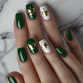Short fake nails for women dark green white colors with golden golden Four-leaf clover square shape full cover press on nail art