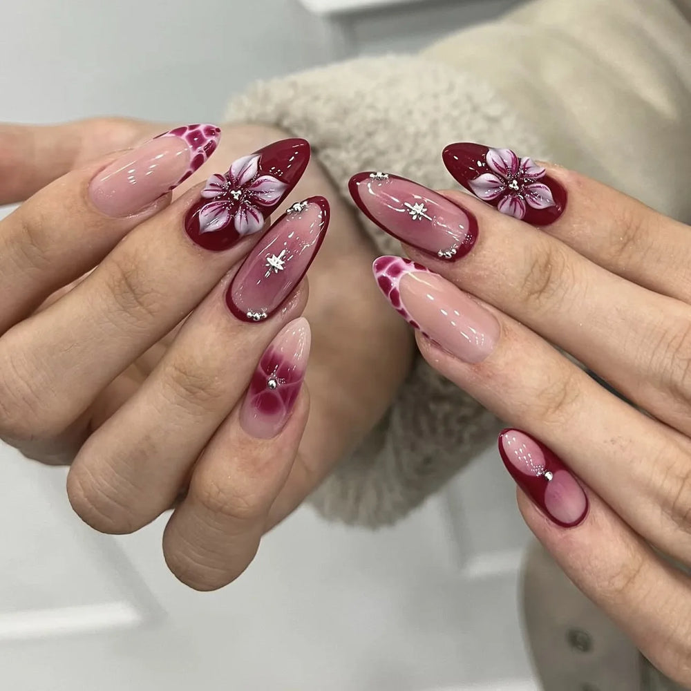 Tropical Hibiscus & Butterfly French Press-On Nails – Almond, 24 Pcs