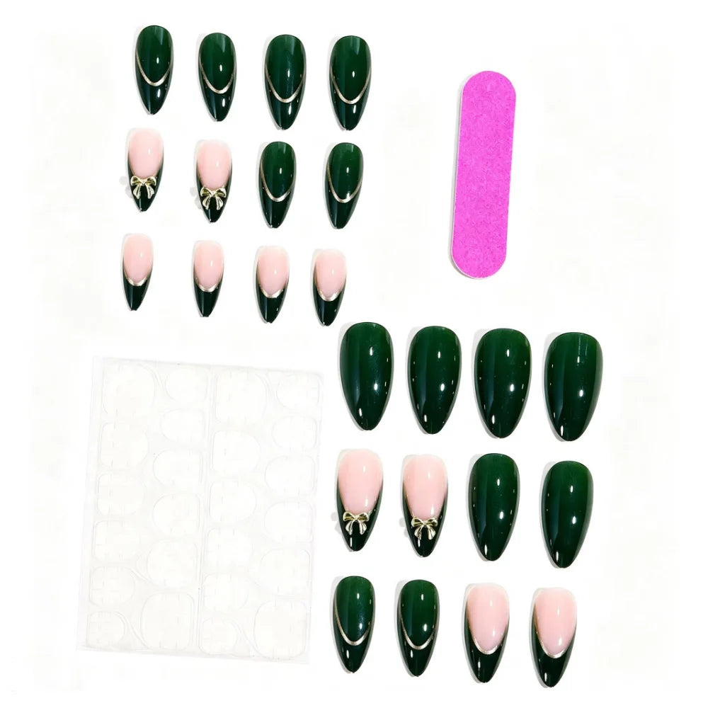 Medium fake nails for women nude dark green colors with golden Arc-shaped stripe bowknot almond nail tips press on false nail