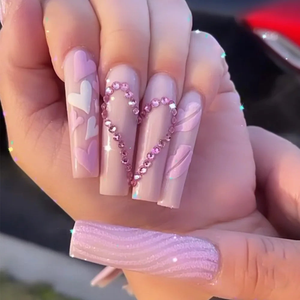 Pink & Blue Heart Wedding Valentine's Ballet Press-On Nails – Medium Long Square