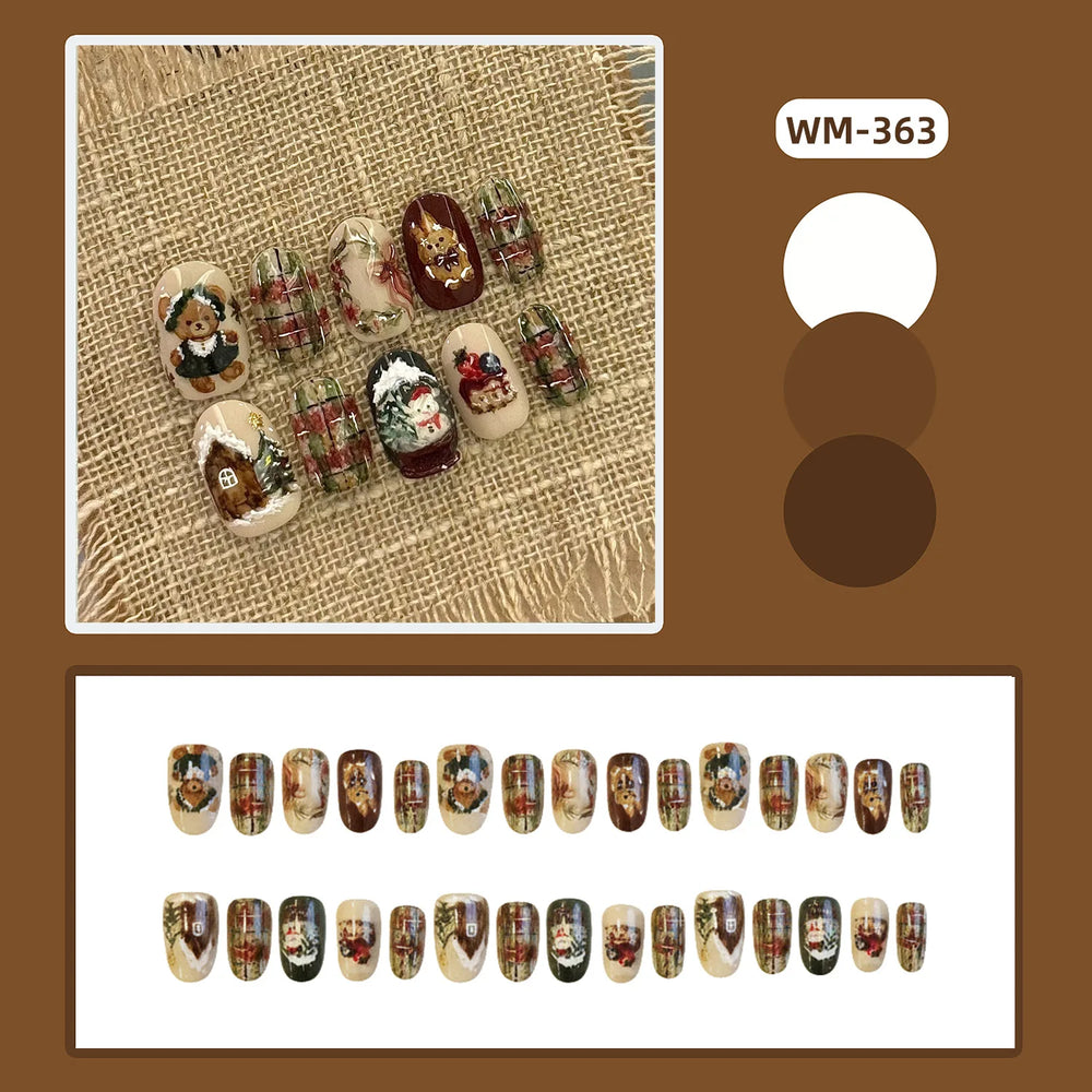 Christmas Bear & Santa Plaid Press-On Nails – Short Oval, 24 Pcs