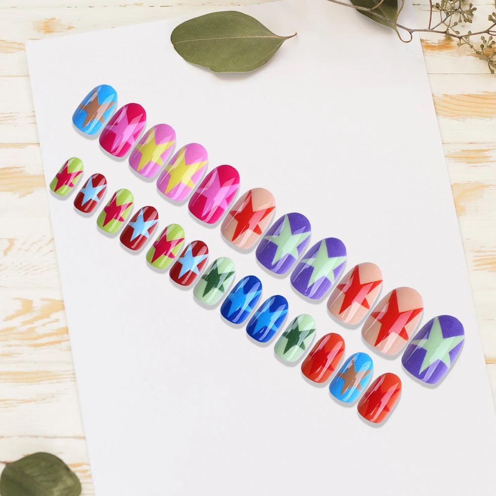 Dopamine Color Star 3D Press-On Nails – Short Square, 24 Pcs