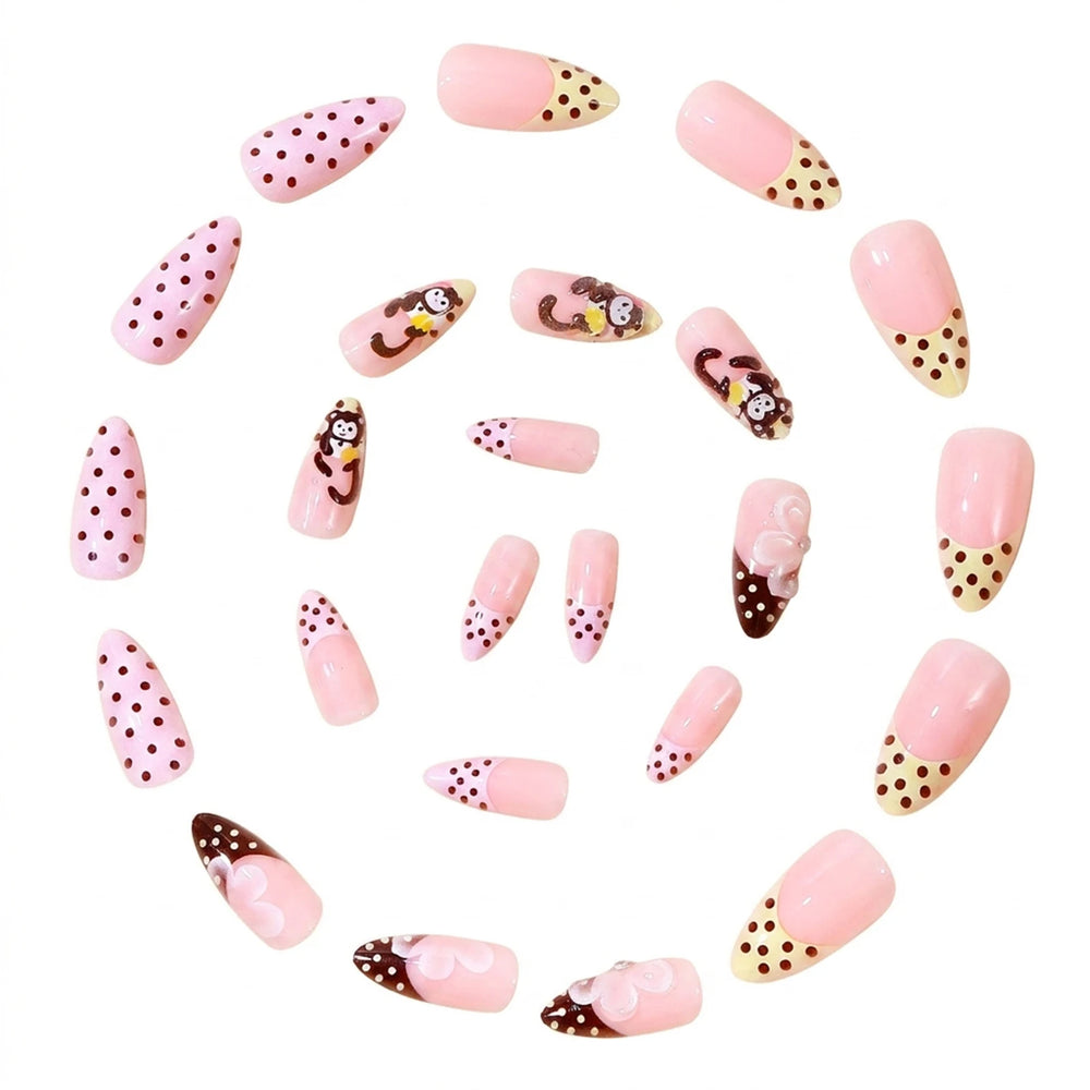 Cute Cartoon Monkey Polka Dot French Press-On Nails – Almond, 24 Pcs