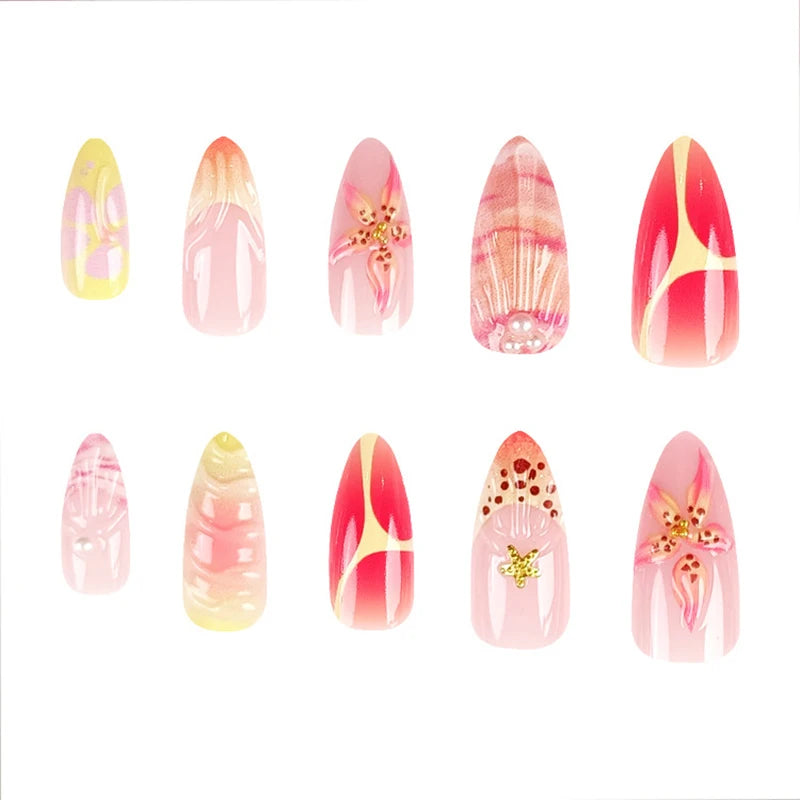 Medium long fake nails for women Gradient yellow red pink flowers shell with rhinestones design full cover presson false nail