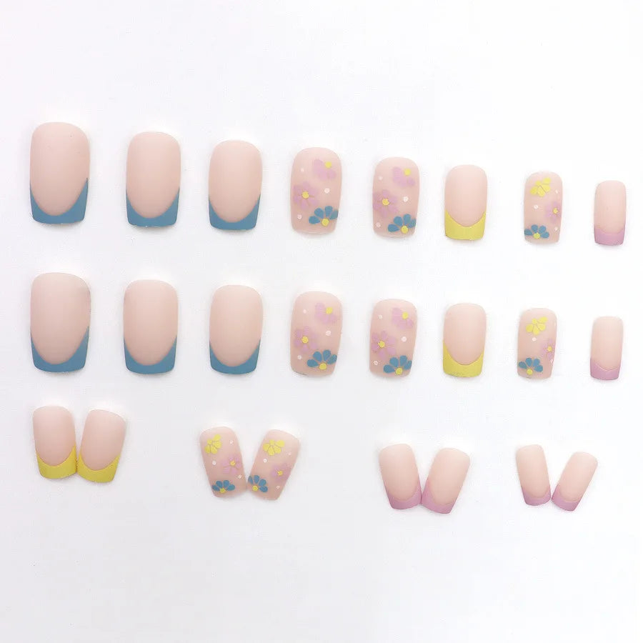 Medium Square fake nails for women french style nude green yellow blue pink flowers for spring summer full cover press on nail