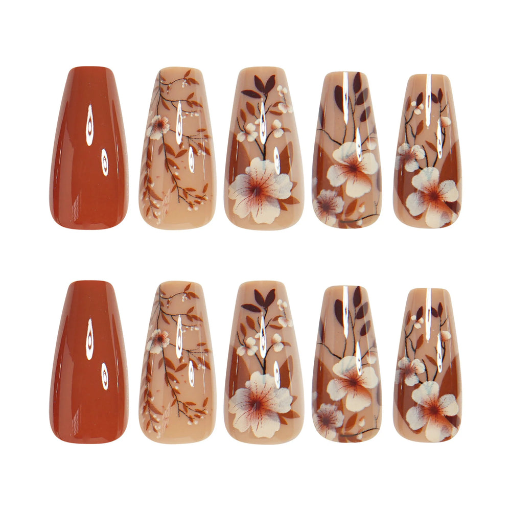 Brown Floral Square Ballet Press-On Nails – Medium Long
