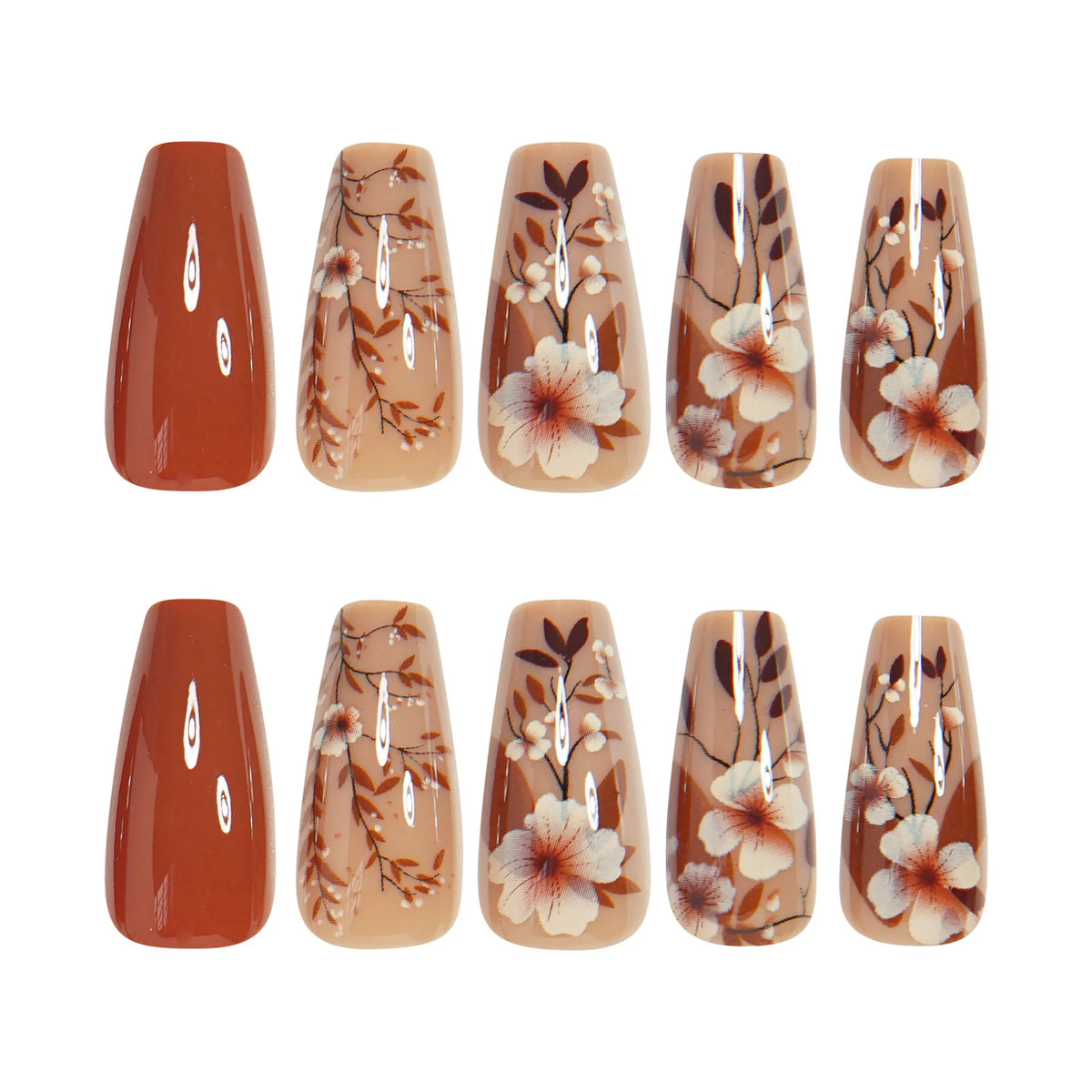 Medium long fake nails for women girls full cover Brown Square ballet nail tips with flowers design press on false nail art set