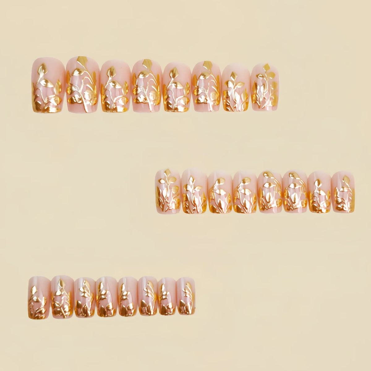 Short Medium Fake Nails Golden Leaf Flowers Butterfly for Spring Summer Full Cover Square Nail Tips Press On Acrylic False Nail