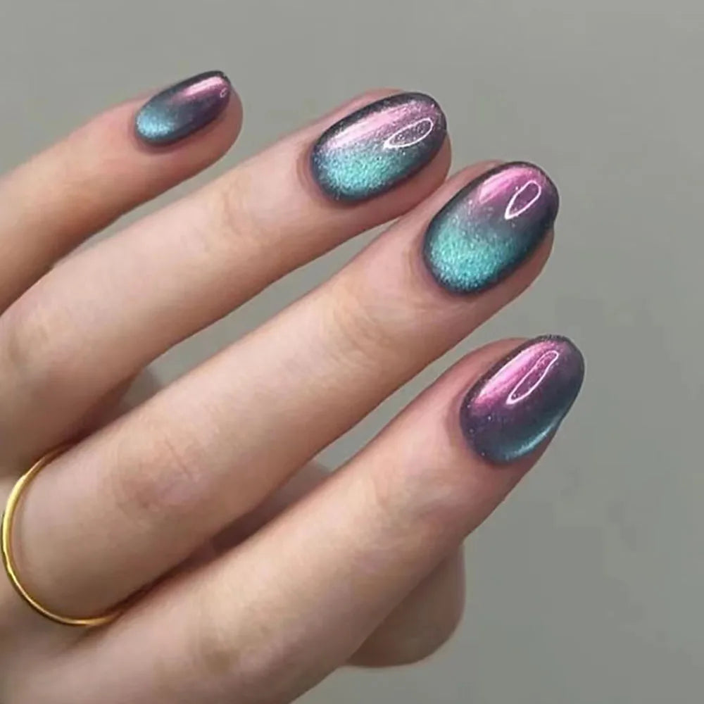 Blue Purple Gradient Glossy Almond Press-On Nails – Medium