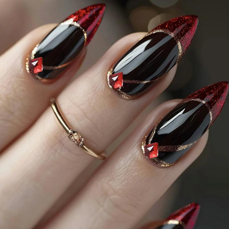 Sparkling Glitter Red Almond Square Press-On Nails – New Year Party, Medium Long