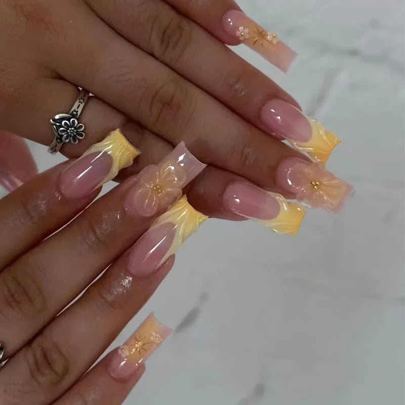 Yellow French Flower & Metal Butterfly Press-On Nails – Long Coffin, 24 Pcs