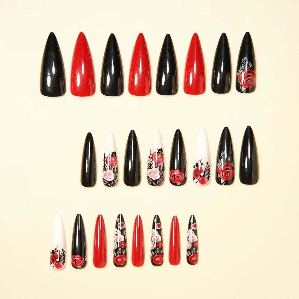 Medium long fake nails for women girls black red pink rose flowers for Valentine's Day square waterdrop shape press on nail art