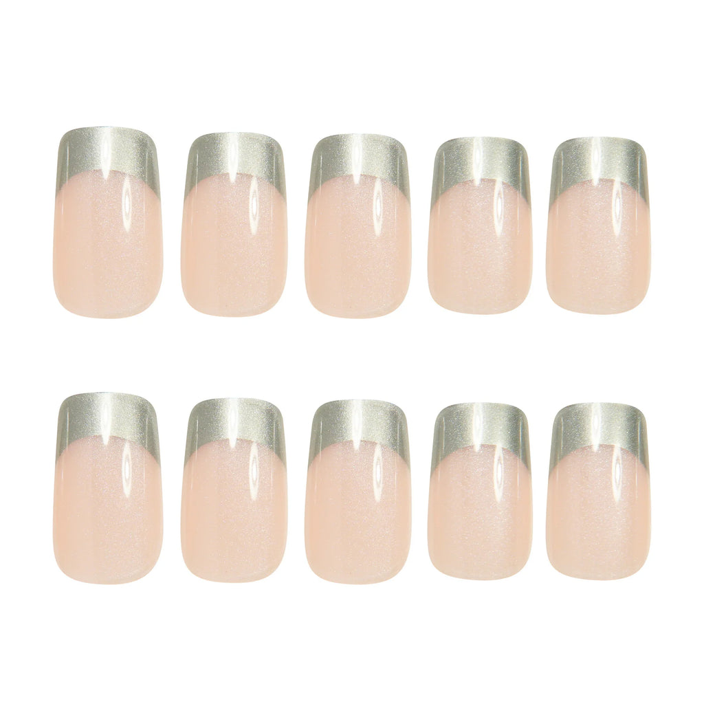 Medium fake nails for women Nude silver colors pear shimmer glossy square nail tips full cover reusable press on false nail