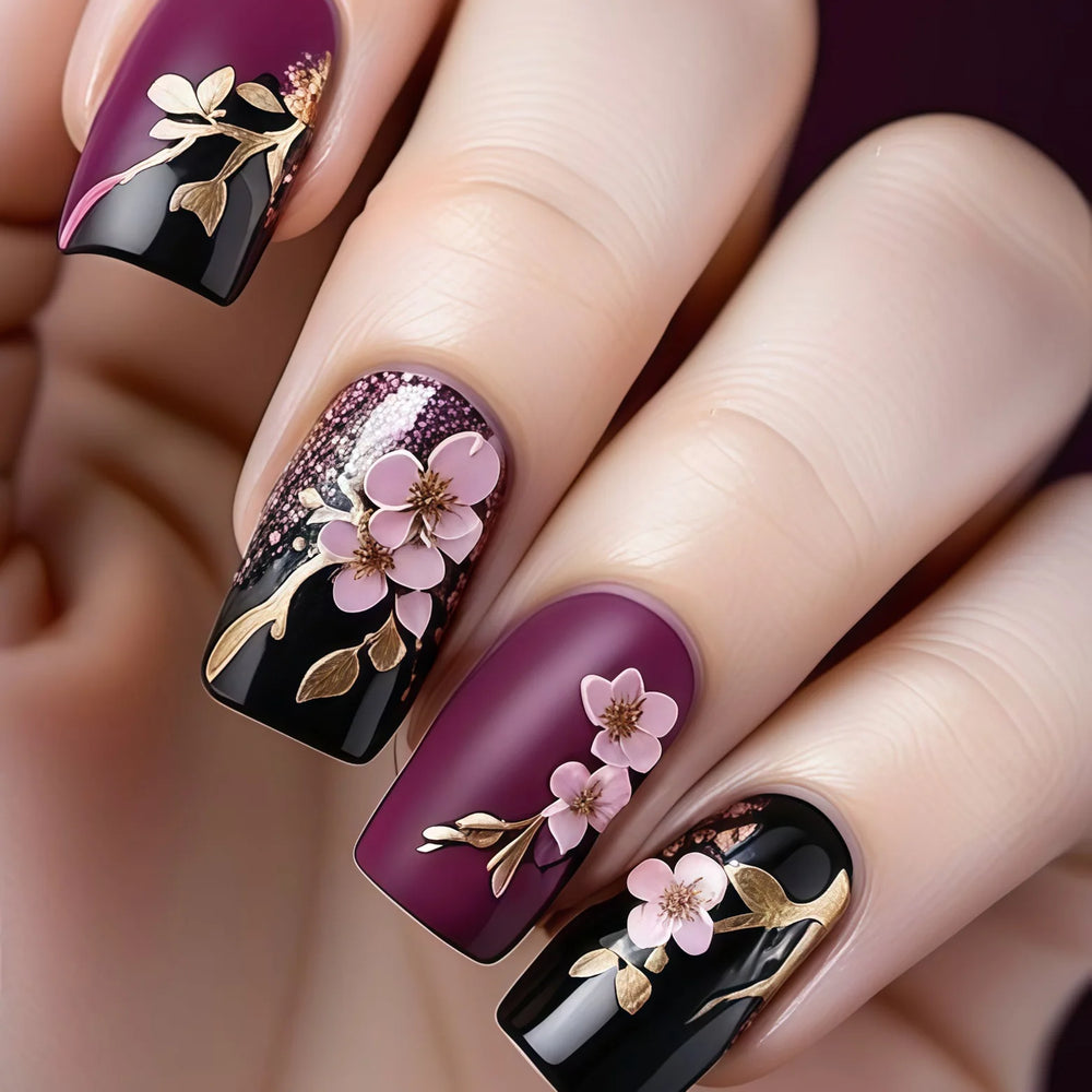 3D Gold Plated Spring Flower Press-On Nails – Pink White Blue Black Red, Medium Square