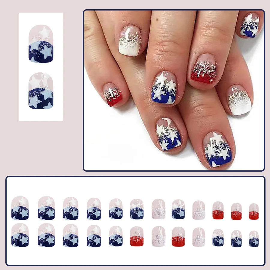 Short Square fake nails for women gilrs gradient blue red star strips for Independence Day full cover press on acrylic nails
