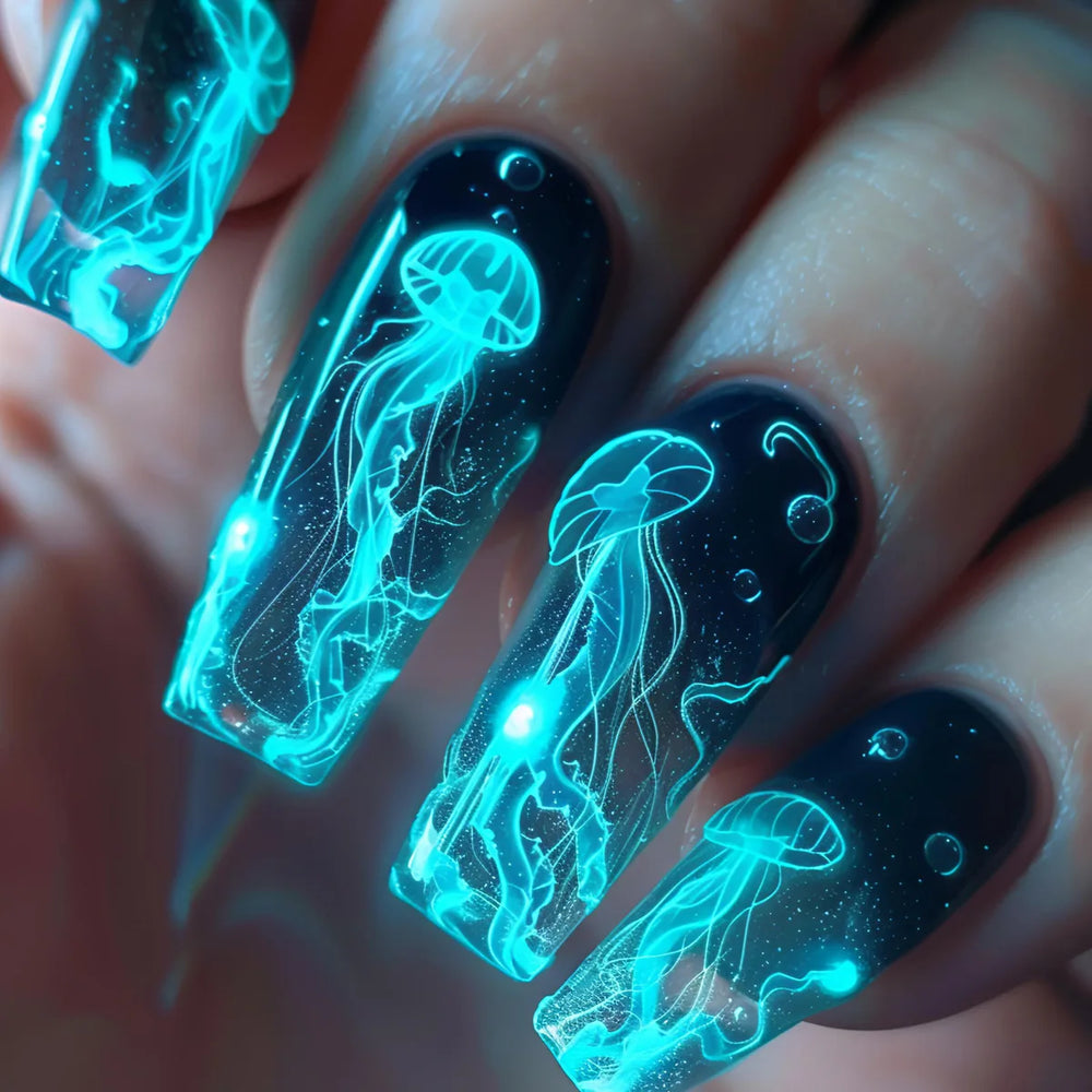 Ocean Jellyfish & Turtle Cute Animal Press-On Nails – Medium Long, 24 Pcs