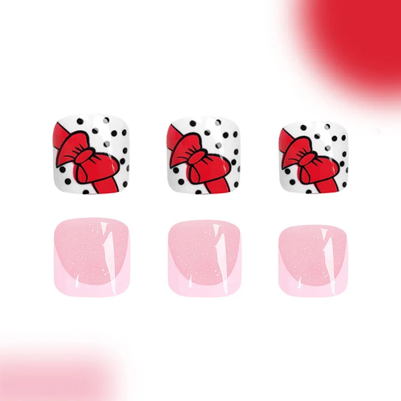 48pcs/set fake nails for toenail cute french style bow polka dots and nude pink square nail tips full cover press on false nail