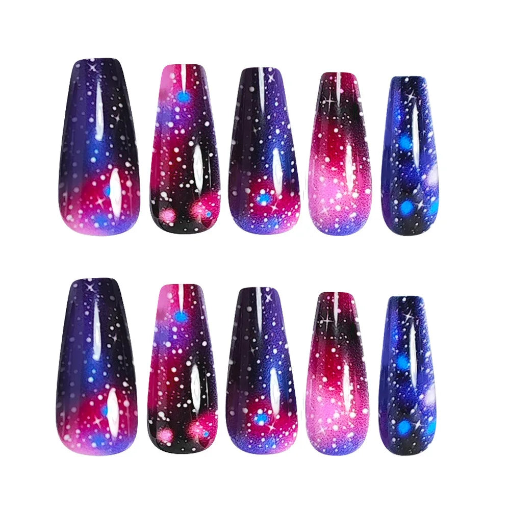 24pcs/set Gradient purple colors fake nails starry night sky glossy ballet shape nail tips full cover press on false nail set