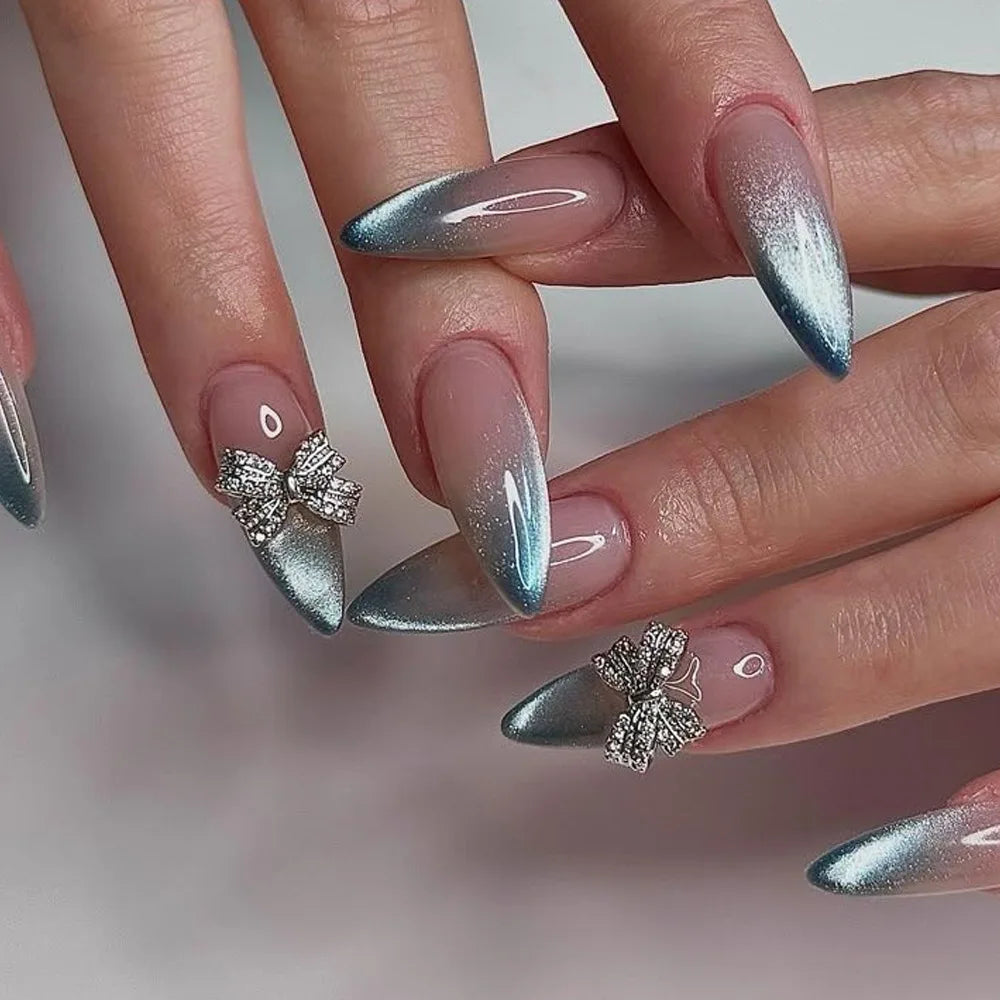 24pcs/set Medium long fake nails for summer season gradient dream blue golden Pink flash star wave lines press on false nail art