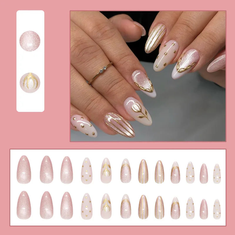 3D fake nails for women girls glossy shimmer cat eyes with flowers rhinestones design full cover almond tips press on nails art
