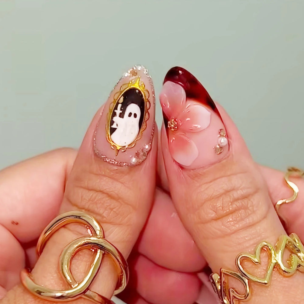 Pink Ghost & Pumpkin Halloween French Press-On Nails – Almond, 24 Pcs